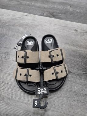 Madden NYC Women's Beige Double-Buckle Slide Sandals